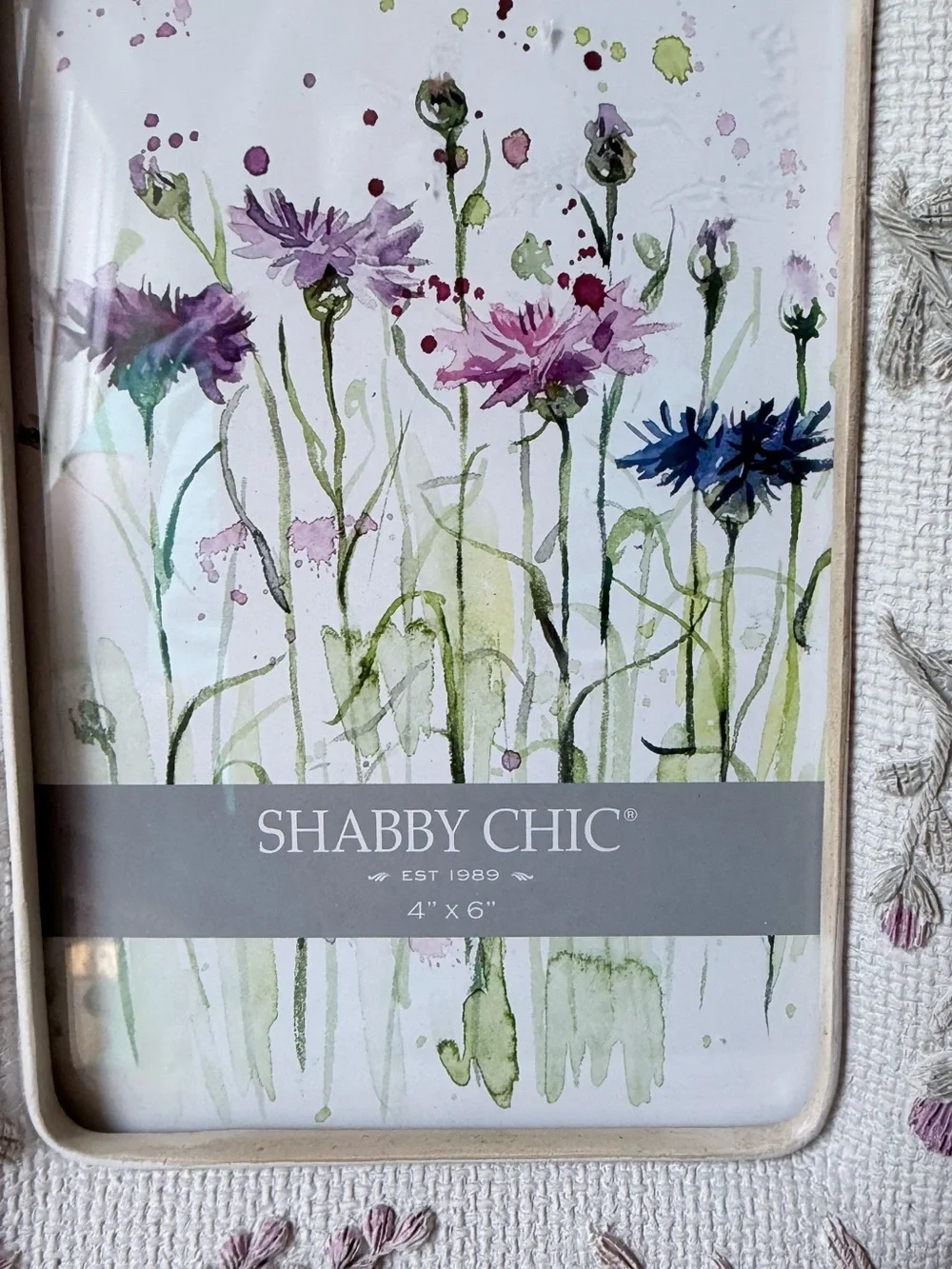 Shabby Chic Cream Frame with Pink and Green Embroidery 4”x6” photo
